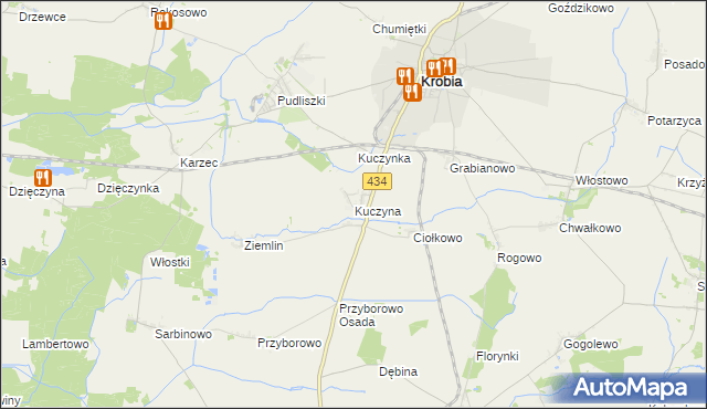 mapa Kuczyna gmina Krobia, Kuczyna gmina Krobia na mapie Targeo