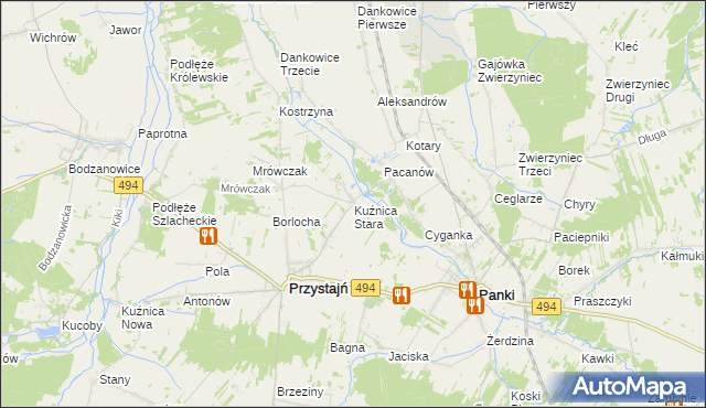 mapa Kuźnica Stara gmina Przystajń, Kuźnica Stara gmina Przystajń na mapie Targeo