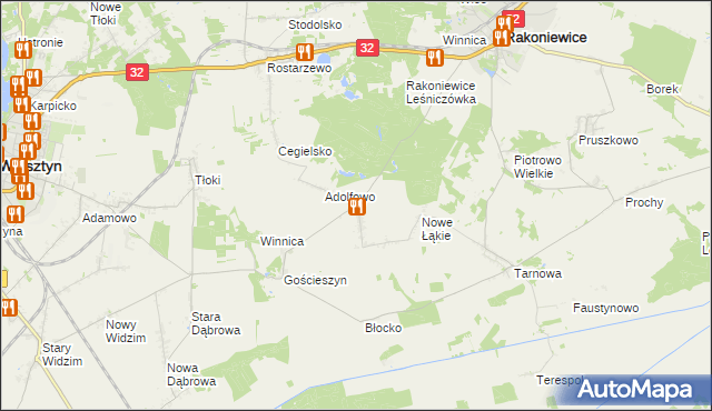 mapa Łąkie gmina Rakoniewice, Łąkie gmina Rakoniewice na mapie Targeo