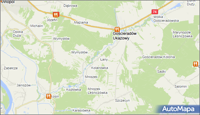 mapa Łany gmina Gościeradów, Łany gmina Gościeradów na mapie Targeo