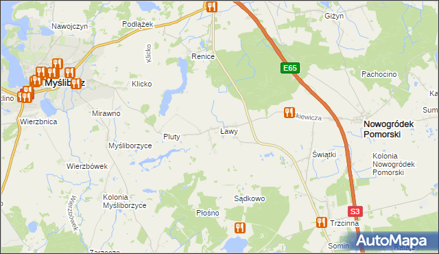 mapa Ławy gmina Myślibórz, Ławy gmina Myślibórz na mapie Targeo
