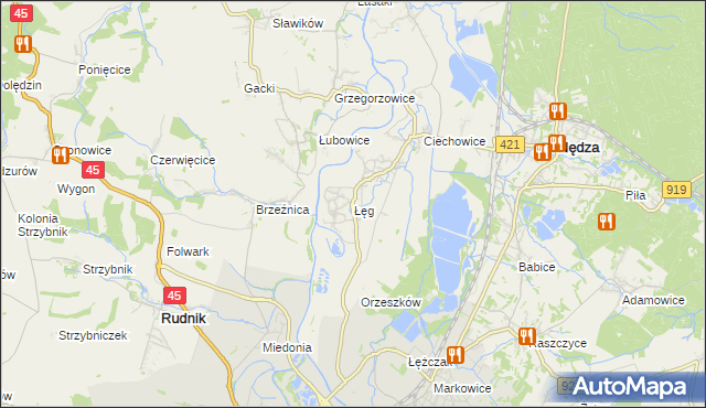 mapa Łęg gmina Nędza, Łęg gmina Nędza na mapie Targeo