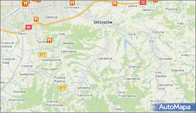 mapa Łękawica gmina Skrzyszów, Łękawica gmina Skrzyszów na mapie Targeo