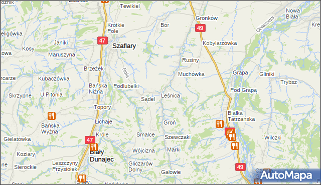 mapa Leśnica gmina Bukowina Tatrzańska, Leśnica gmina Bukowina Tatrzańska na mapie Targeo