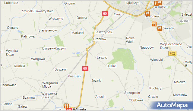 mapa Leszno gmina Kutno, Leszno gmina Kutno na mapie Targeo