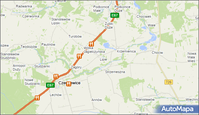 mapa Lipie gmina Czerniewice, Lipie gmina Czerniewice na mapie Targeo