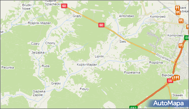 mapa Lipniki gmina Ostrów Mazowiecka, Lipniki gmina Ostrów Mazowiecka na mapie Targeo