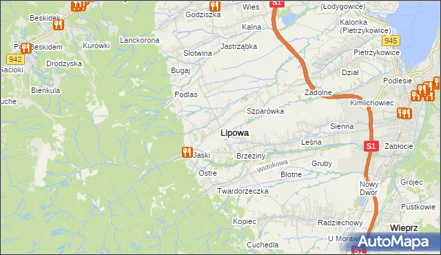 mapa Lipowa powiat żywiecki, Lipowa powiat żywiecki na mapie Targeo