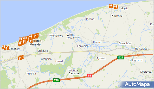 mapa Łopienica gmina Będzino, Łopienica gmina Będzino na mapie Targeo
