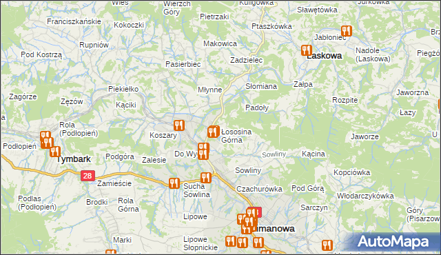 mapa Łososina Górna, Łososina Górna na mapie Targeo