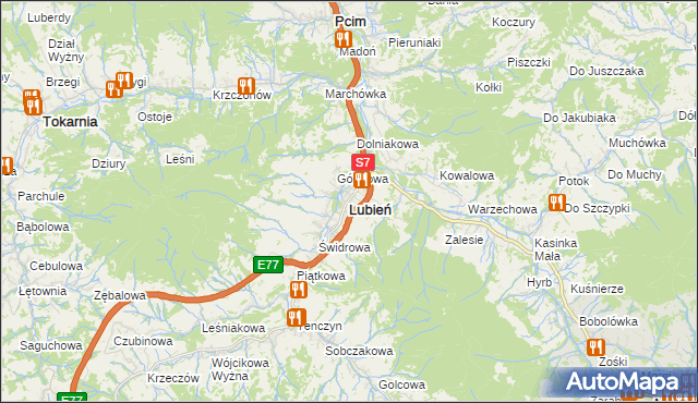 mapa Lubień powiat myślenicki, Lubień powiat myślenicki na mapie Targeo