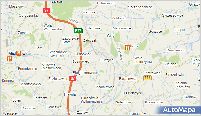 mapa Łuczyce gmina Kocmyrzów-Luborzyca, Łuczyce gmina Kocmyrzów-Luborzyca na mapie Targeo