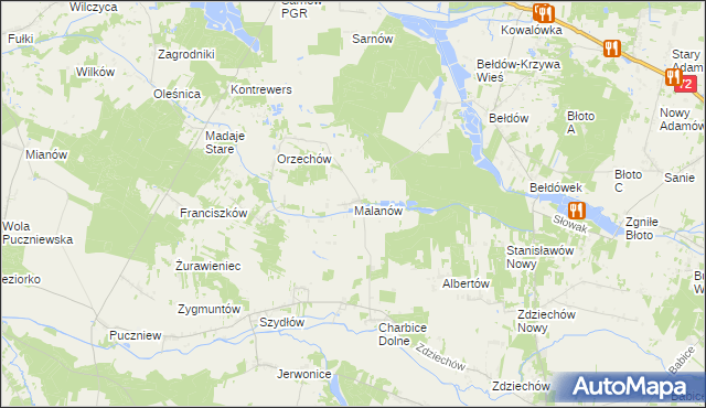 mapa Malanów gmina Lutomiersk, Malanów gmina Lutomiersk na mapie Targeo