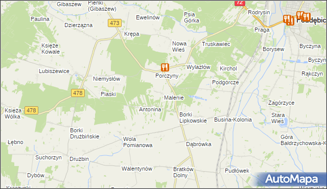 mapa Malenie gmina Poddębice, Malenie gmina Poddębice na mapie Targeo
