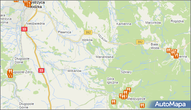 mapa Marianówka gmina Bystrzyca Kłodzka, Marianówka gmina Bystrzyca Kłodzka na mapie Targeo