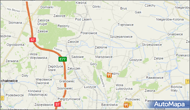 mapa Marszowice gmina Kocmyrzów-Luborzyca, Marszowice gmina Kocmyrzów-Luborzyca na mapie Targeo