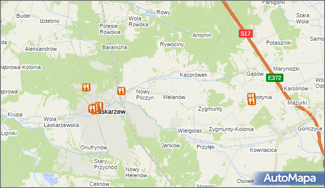 mapa Melanów gmina Łaskarzew, Melanów gmina Łaskarzew na mapie Targeo