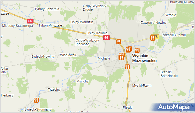 mapa Michałki gmina Wysokie Mazowieckie, Michałki gmina Wysokie Mazowieckie na mapie Targeo