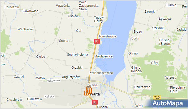 mapa Mikołajewice gmina Warta, Mikołajewice gmina Warta na mapie Targeo