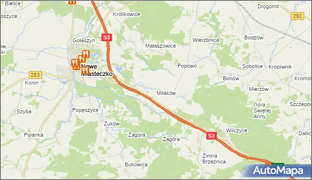 mapa Miłaków gmina Nowe Miasteczko, Miłaków gmina Nowe Miasteczko na mapie Targeo