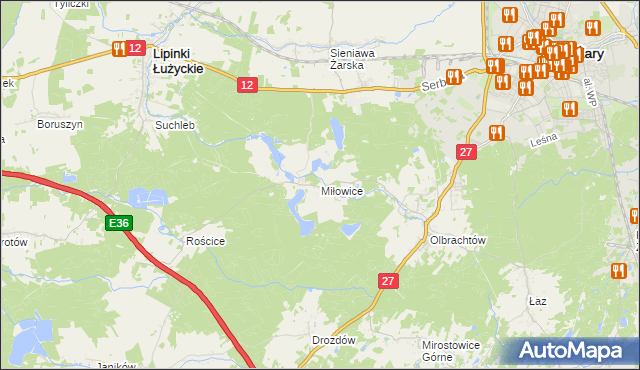 mapa Miłowice gmina Żary, Miłowice gmina Żary na mapie Targeo