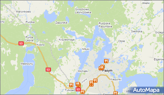mapa Miłuki gmina Pasym, Miłuki gmina Pasym na mapie Targeo