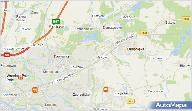 mapa Mirków gmina Długołęka, Mirków gmina Długołęka na mapie Targeo