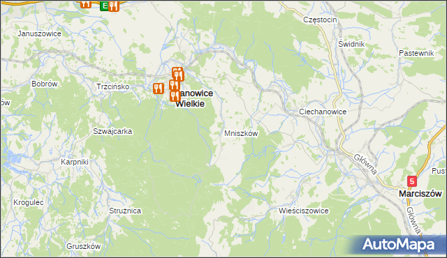 mapa Mniszków gmina Janowice Wielkie, Mniszków gmina Janowice Wielkie na mapie Targeo