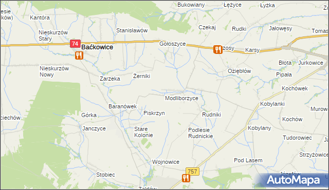 mapa Modliborzyce gmina Baćkowice, Modliborzyce gmina Baćkowice na mapie Targeo