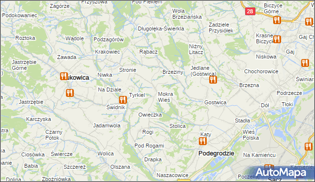 mapa Mokra Wieś gmina Podegrodzie, Mokra Wieś gmina Podegrodzie na mapie Targeo