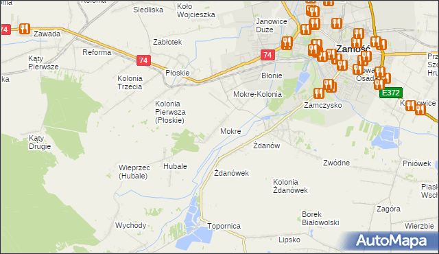 mapa Mokre gmina Zamość, Mokre gmina Zamość na mapie Targeo