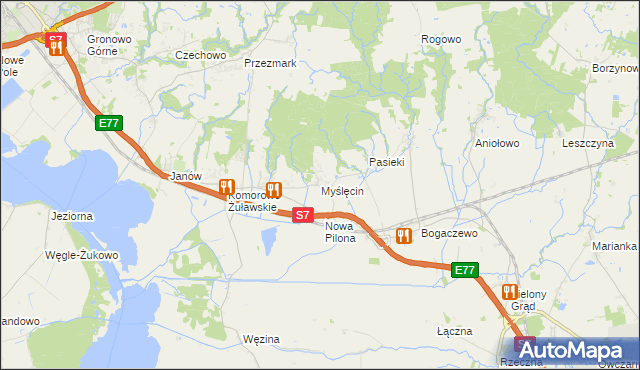 mapa Myślęcin gmina Elbląg, Myślęcin gmina Elbląg na mapie Targeo