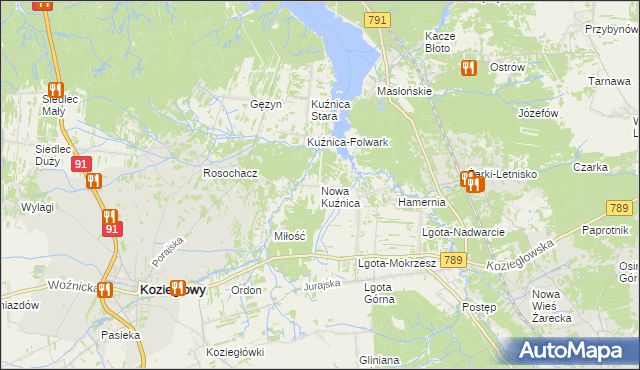 mapa Nowa Kuźnica gmina Koziegłowy, Nowa Kuźnica gmina Koziegłowy na mapie Targeo