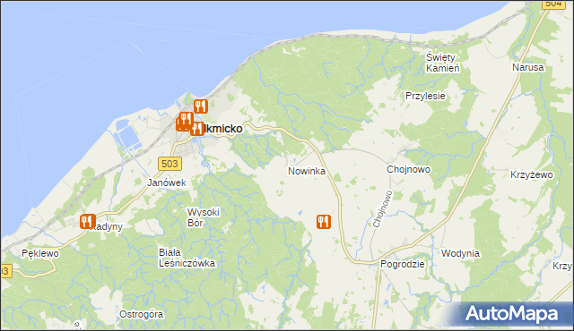 mapa Nowinka gmina Tolkmicko, Nowinka gmina Tolkmicko na mapie Targeo