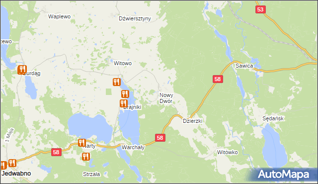 mapa Nowy Dwór gmina Jedwabno, Nowy Dwór gmina Jedwabno na mapie Targeo