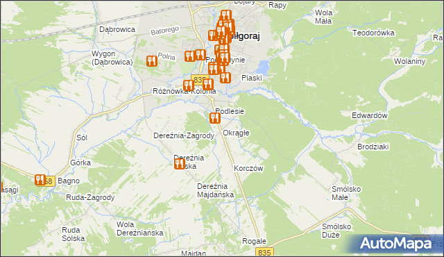 mapa Okrągłe gmina Biłgoraj, Okrągłe gmina Biłgoraj na mapie Targeo