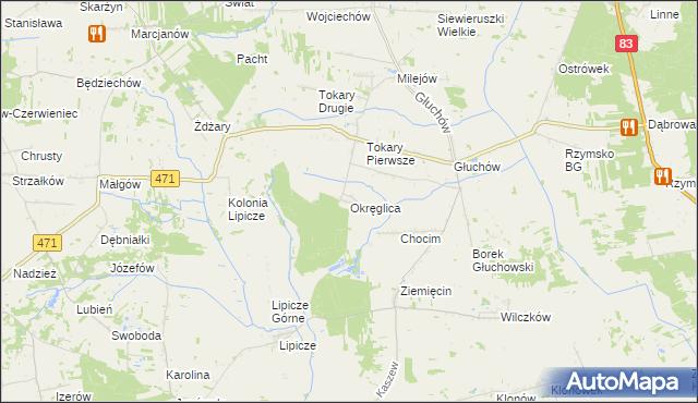 mapa Okręglica gmina Kawęczyn, Okręglica gmina Kawęczyn na mapie Targeo