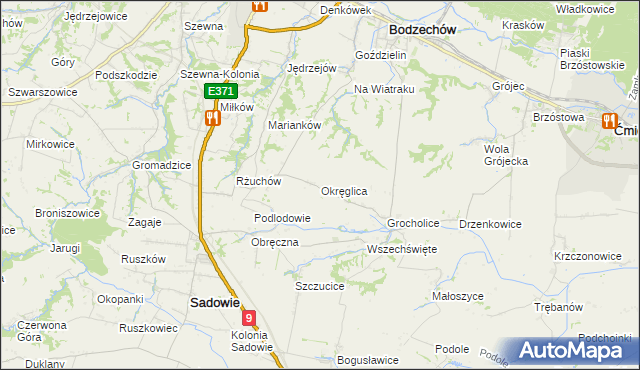 mapa Okręglica gmina Sadowie, Okręglica gmina Sadowie na mapie Targeo