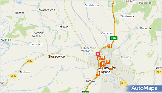 mapa Olbrachcice Wielkie, Olbrachcice Wielkie na mapie Targeo