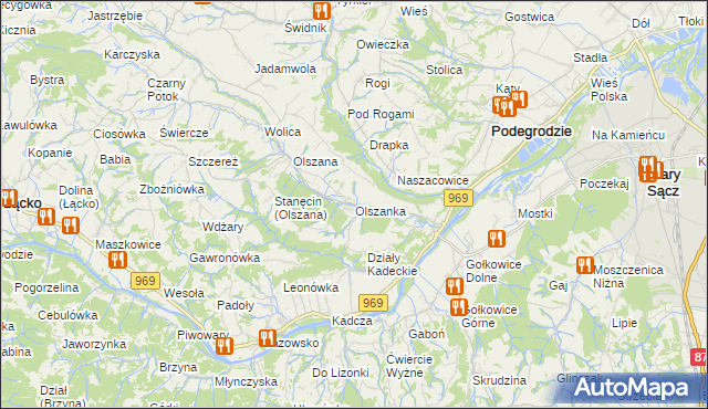 mapa Olszanka gmina Podegrodzie, Olszanka gmina Podegrodzie na mapie Targeo