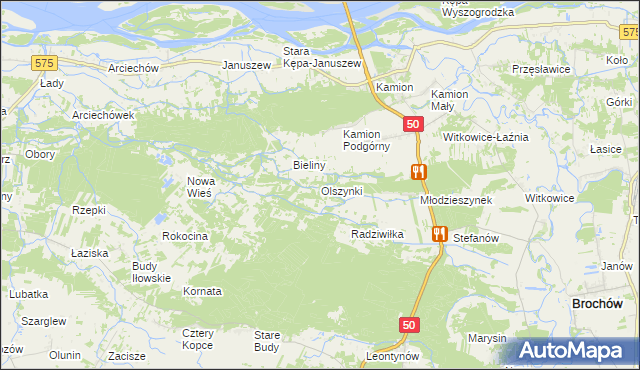 mapa Olszynki gmina Młodzieszyn, Olszynki gmina Młodzieszyn na mapie Targeo