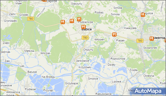 mapa Olszyny gmina Babice, Olszyny gmina Babice na mapie Targeo