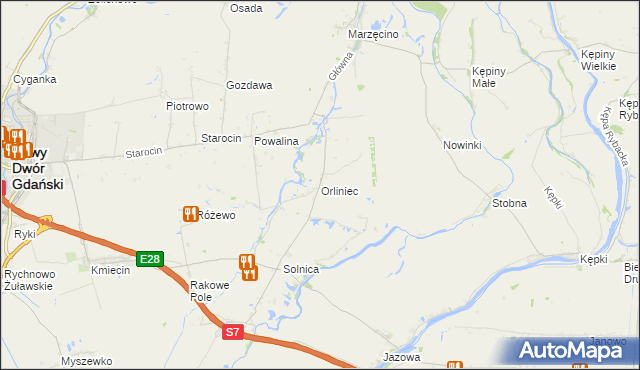 mapa Orliniec gmina Nowy Dwór Gdański, Orliniec gmina Nowy Dwór Gdański na mapie Targeo