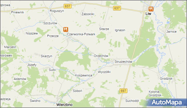 mapa Orzechów gmina Wierzbno, Orzechów gmina Wierzbno na mapie Targeo