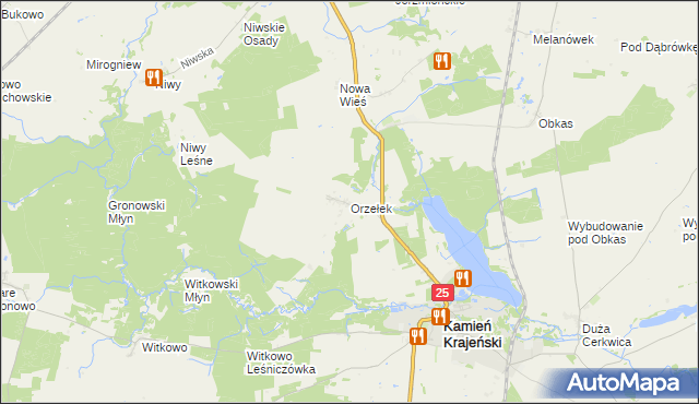 mapa Orzełek gmina Kamień Krajeński, Orzełek gmina Kamień Krajeński na mapie Targeo