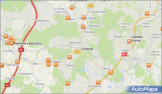 mapa Orzesze powiat mikołowski, Orzesze powiat mikołowski na mapie Targeo