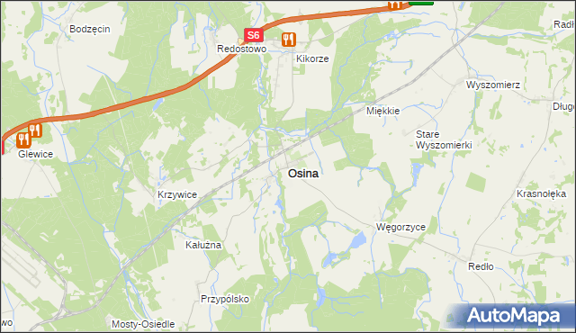 mapa Osina powiat goleniowski, Osina powiat goleniowski na mapie Targeo