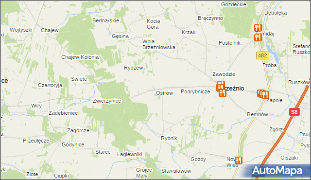 mapa Ostrów gmina Brzeźnio, Ostrów gmina Brzeźnio na mapie Targeo