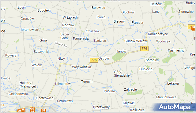 mapa Ostrów gmina Proszowice, Ostrów gmina Proszowice na mapie Targeo