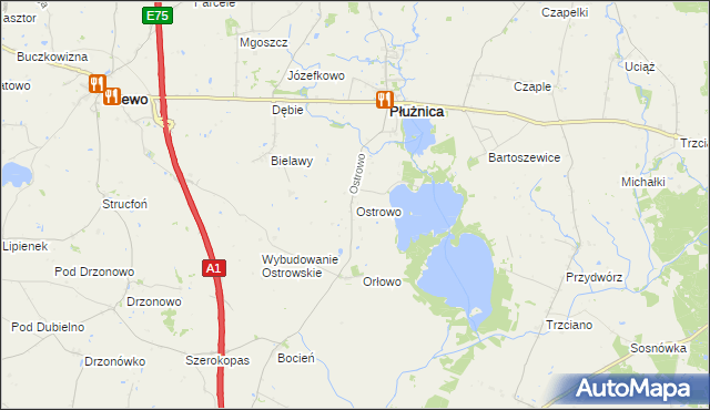 mapa Ostrowo gmina Płużnica, Ostrowo gmina Płużnica na mapie Targeo